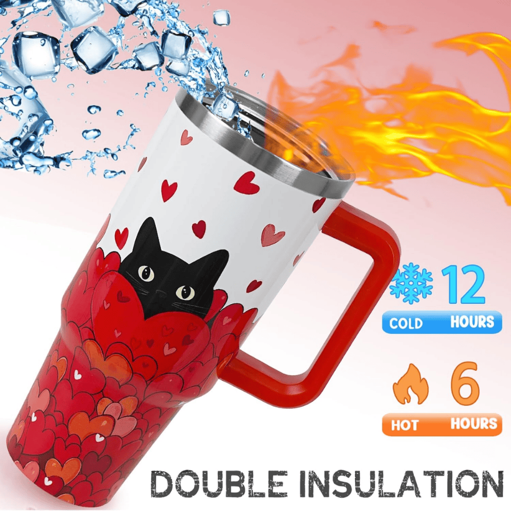 Black Cat Love 40oz Tumbler with Handle | Cute Valentine's Day Gift for Cat Lovers
