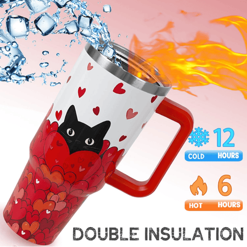Black Cat Love 40oz Tumbler with Handle | Cute Valentine's Day Gift for Cat Lovers
