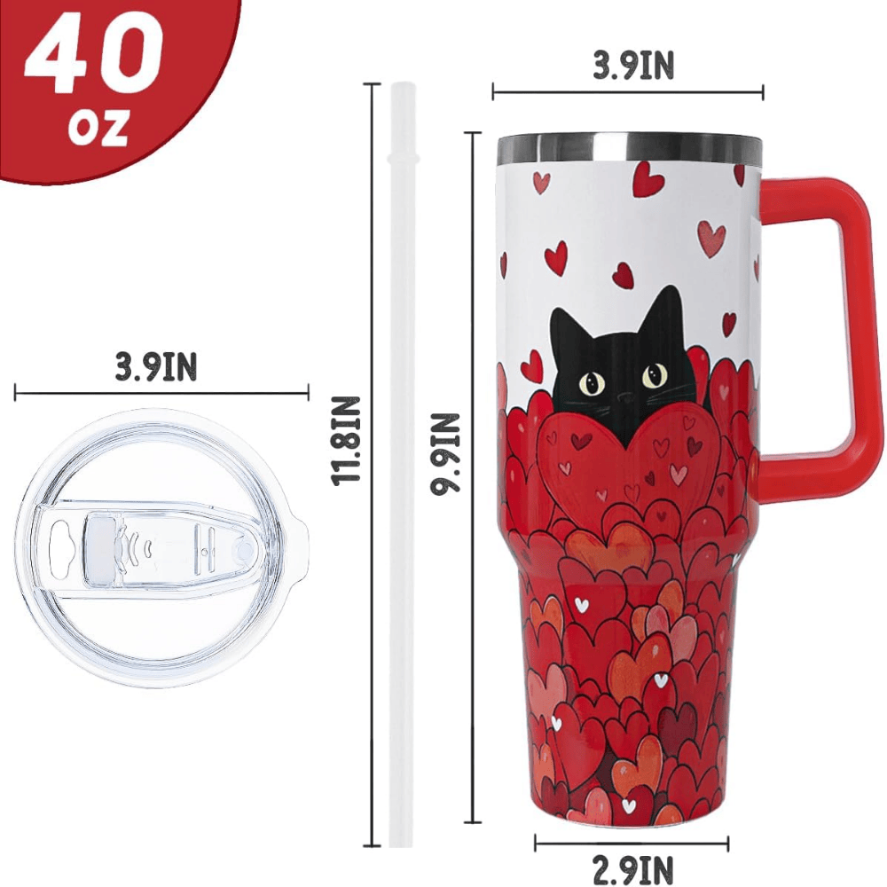 Black Cat Love 40oz Tumbler with Handle | Cute Valentine's Day Gift for Cat Lovers