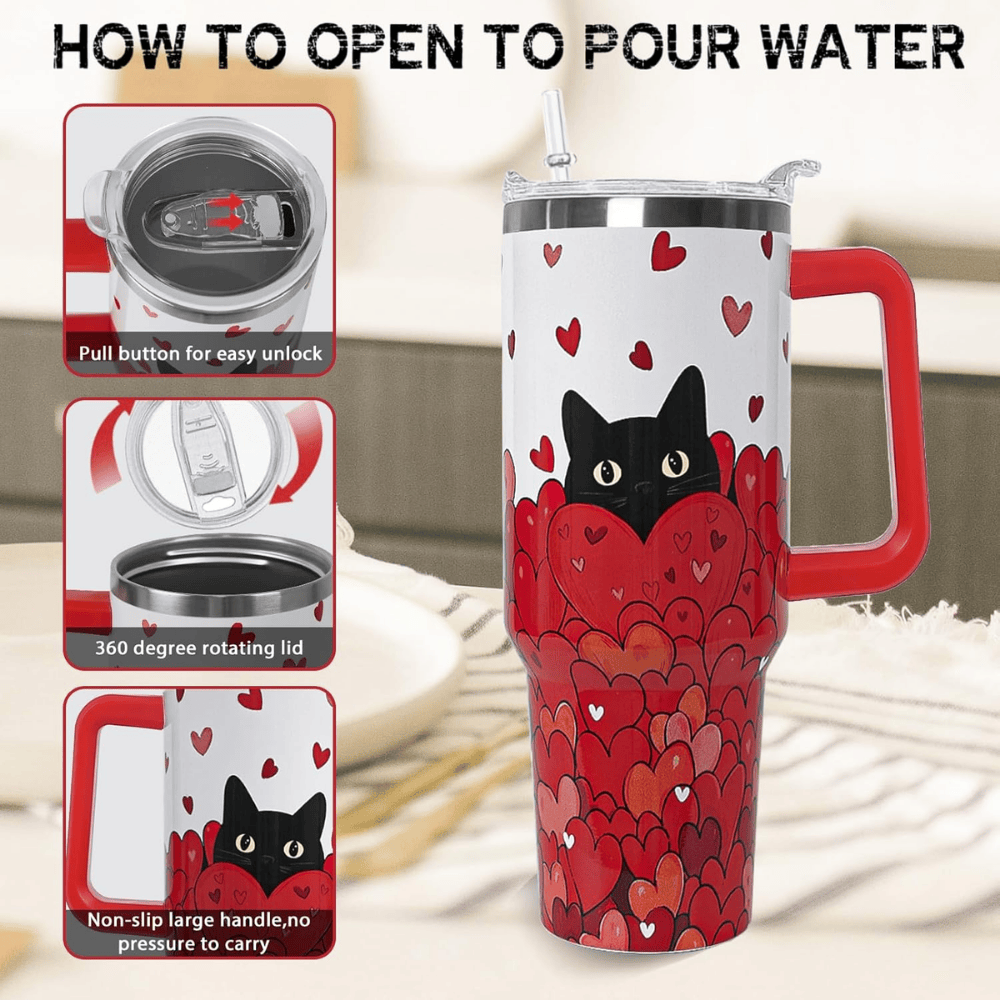 Black Cat Love 40oz Tumbler with Handle | Cute Valentine's Day Gift for Cat Lovers