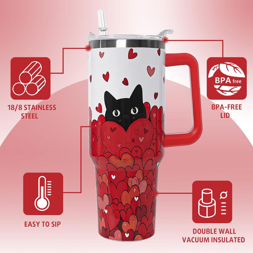 Black Cat Love 40oz Tumbler with Handle | Cute Valentine's Day Gift for Cat Lovers