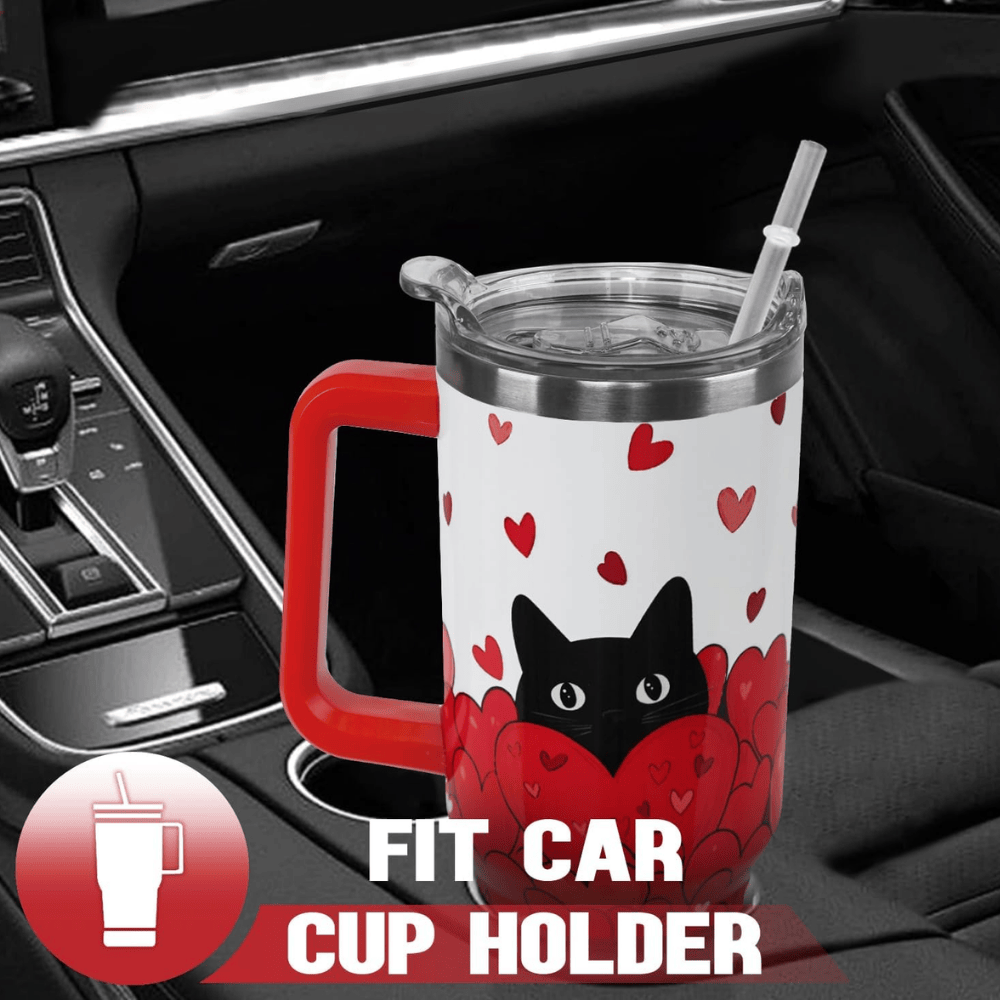 Black Cat Love 40oz Tumbler with Handle | Cute Valentine's Day Gift for Cat Lovers