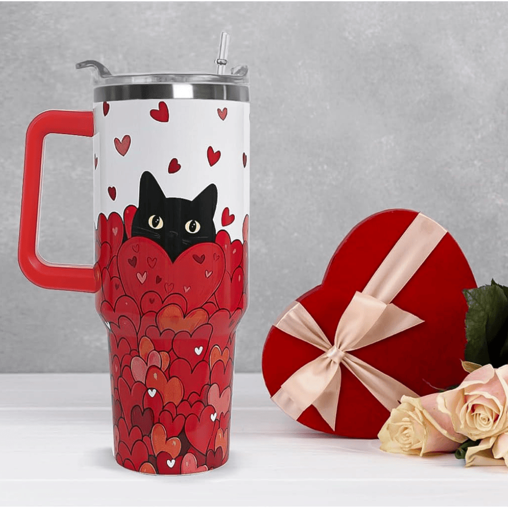 Black Cat Love 40oz Tumbler with Handle | Cute Valentine's Day Gift for Cat Lovers