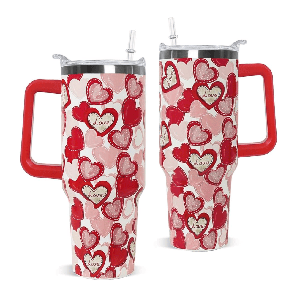 Red Love Hearts 40oz Tumbler with Handle | Valentine's Day Stainless Steel Travel Mug