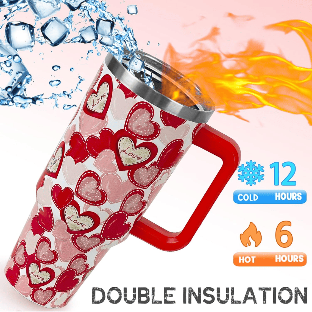 Red Love Hearts 40oz Tumbler with Handle | Valentine's Day Stainless Steel Travel Mug