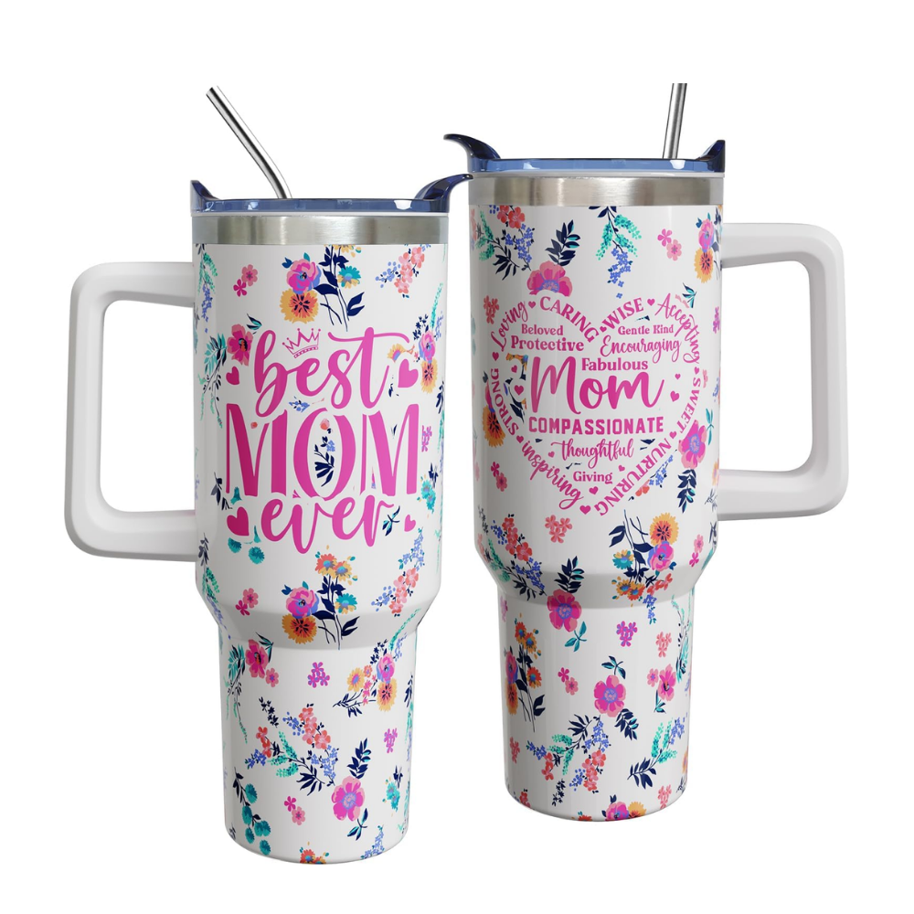 Best Mom Ever Floral 40oz Tumbler with Handle | Stainless Steel Mother's Day Gift
