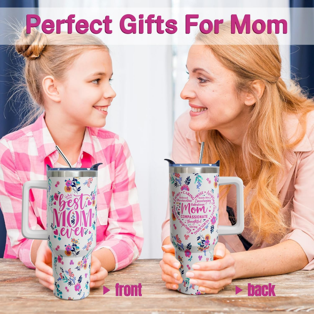 Best Mom Ever Floral 40oz Tumbler with Handle | Stainless Steel Mother's Day Gift