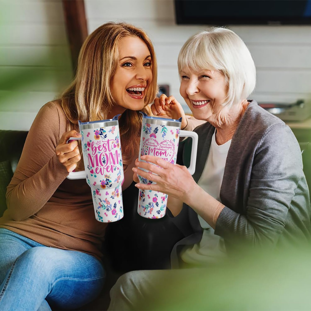 Best Mom Ever Floral 40oz Tumbler with Handle | Stainless Steel Mother's Day Gift