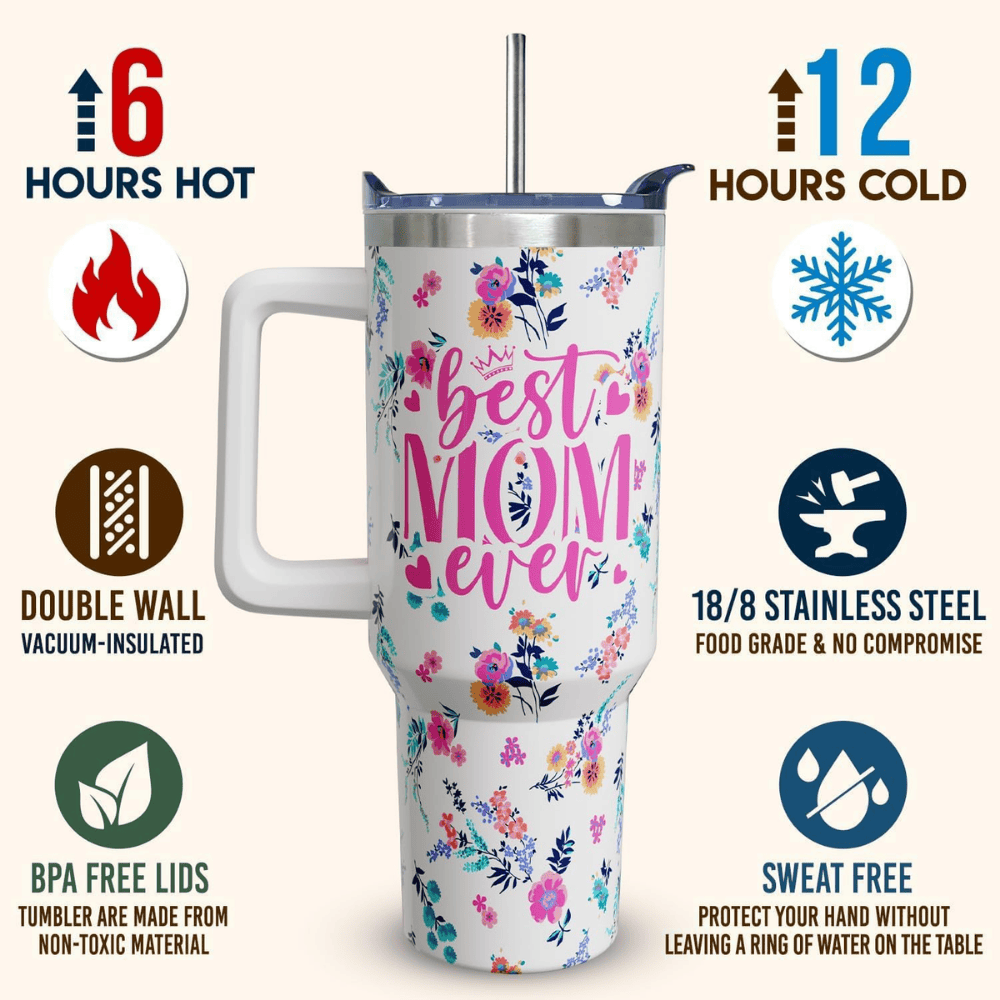 Best Mom Ever Floral 40oz Tumbler with Handle | Stainless Steel Mother's Day Gift