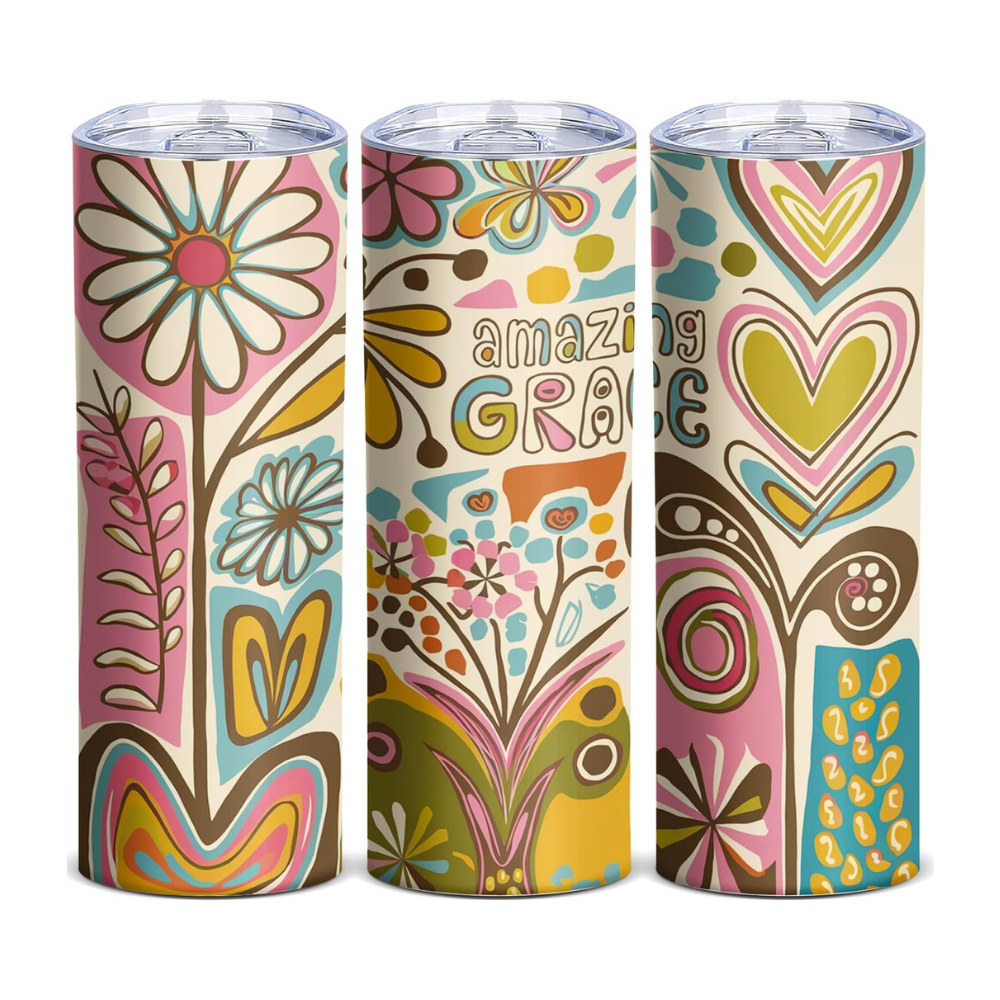 Amazing Grace 20oz Skinny Tumbler | Retro Floral Christian Stainless Steel Travel Mug