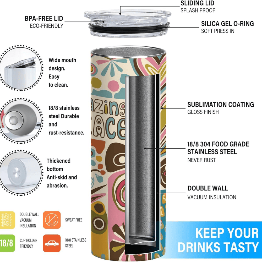 Amazing Grace 20oz Skinny Tumbler | Retro Floral Christian Stainless Steel Travel Mug