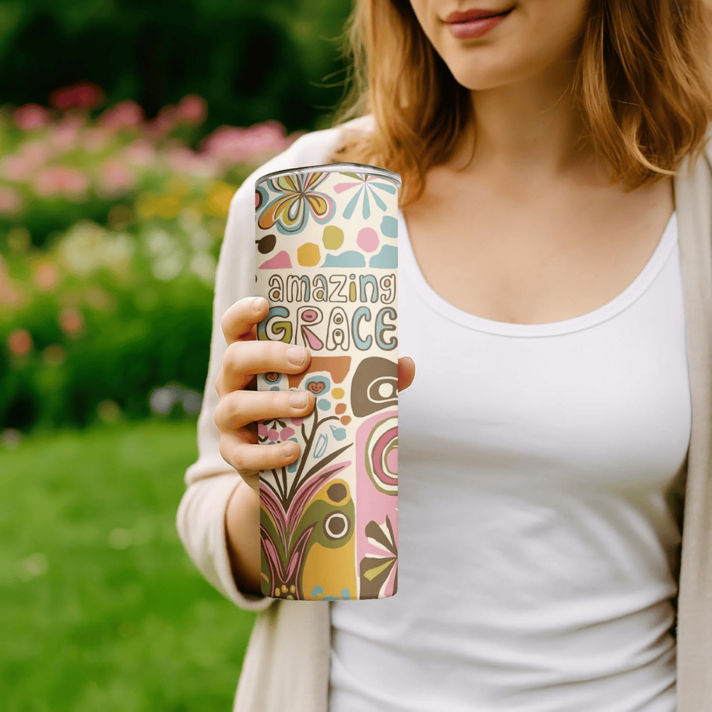 Amazing Grace 20oz Skinny Tumbler | Retro Floral Christian Stainless Steel Travel Mug