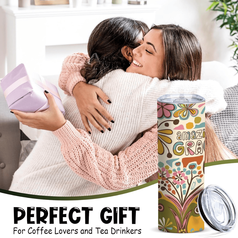 Amazing Grace 20oz Skinny Tumbler | Retro Floral Christian Stainless Steel Travel Mug