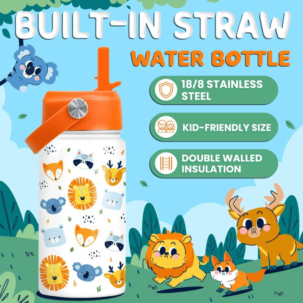 Cute Animal 12oz Kids Water Bottle with Straw Lid | Insulated Stainless Steel School Cup