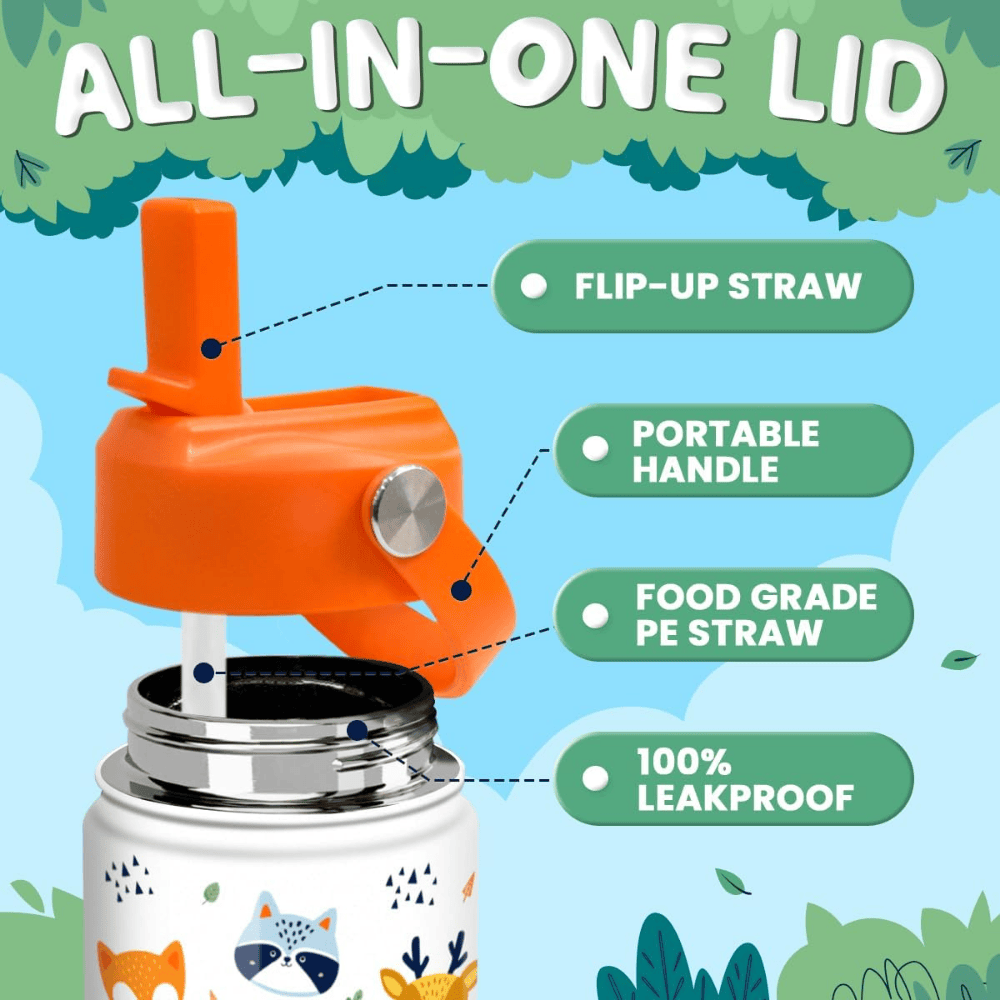 Cute Animal 12oz Kids Water Bottle with Straw Lid | Insulated Stainless Steel School Cup