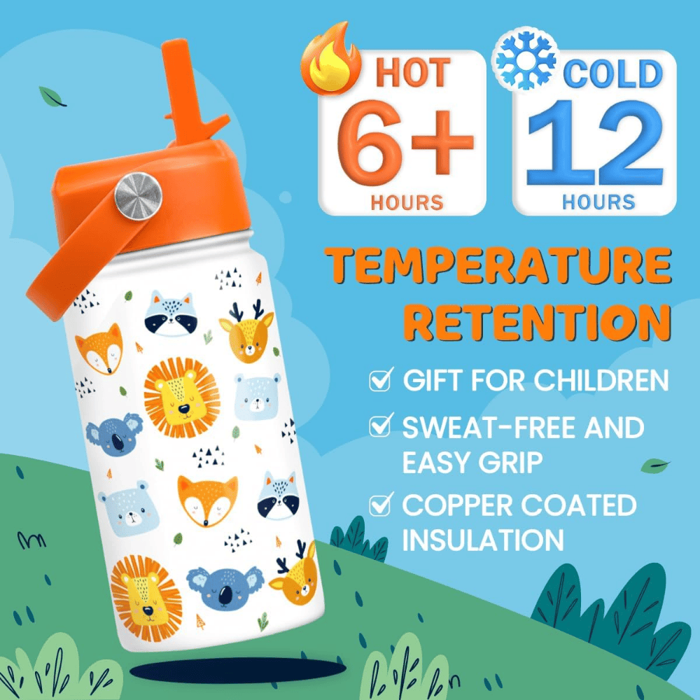 Cute Animal 12oz Kids Water Bottle with Straw Lid | Insulated Stainless Steel School Cup