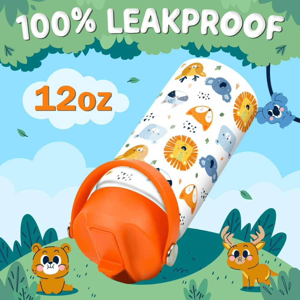 Cute Animal 12oz Kids Water Bottle with Straw Lid | Insulated Stainless Steel School Cup