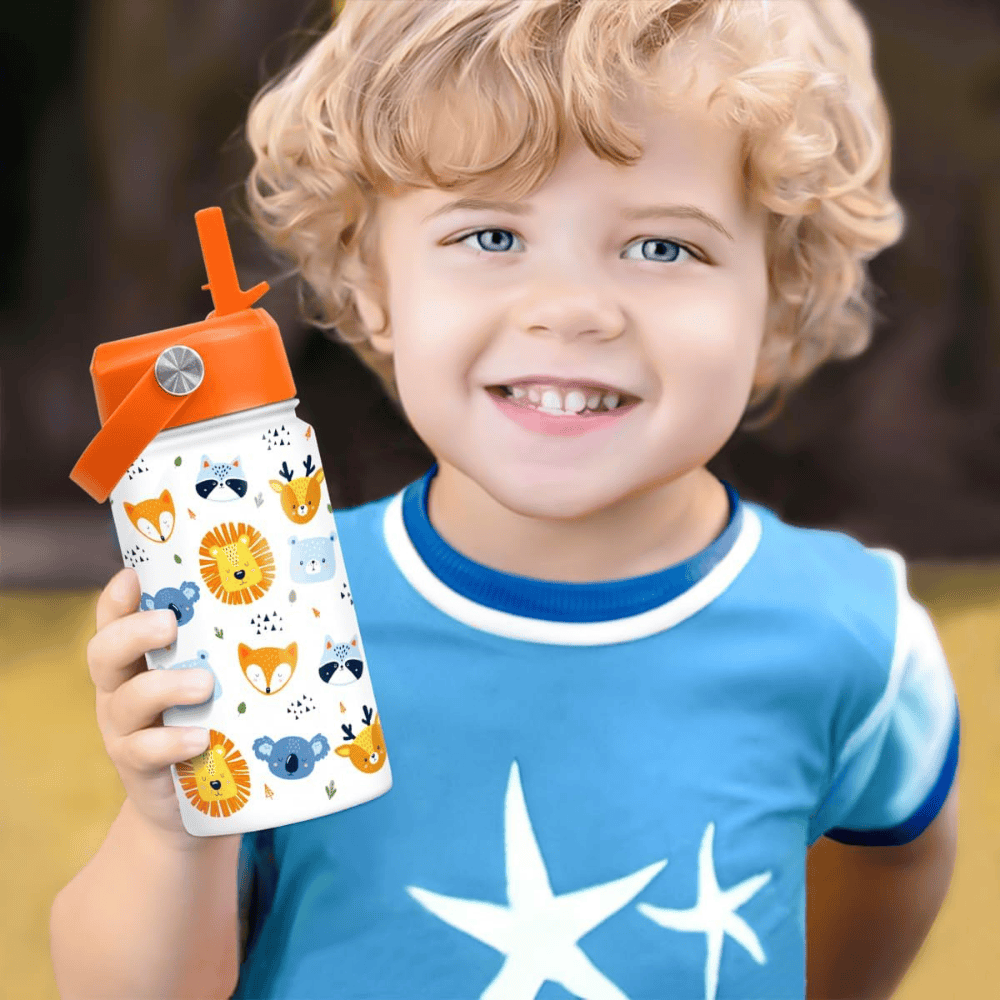 Cute Animal 12oz Kids Water Bottle with Straw Lid | Insulated Stainless Steel School Cup