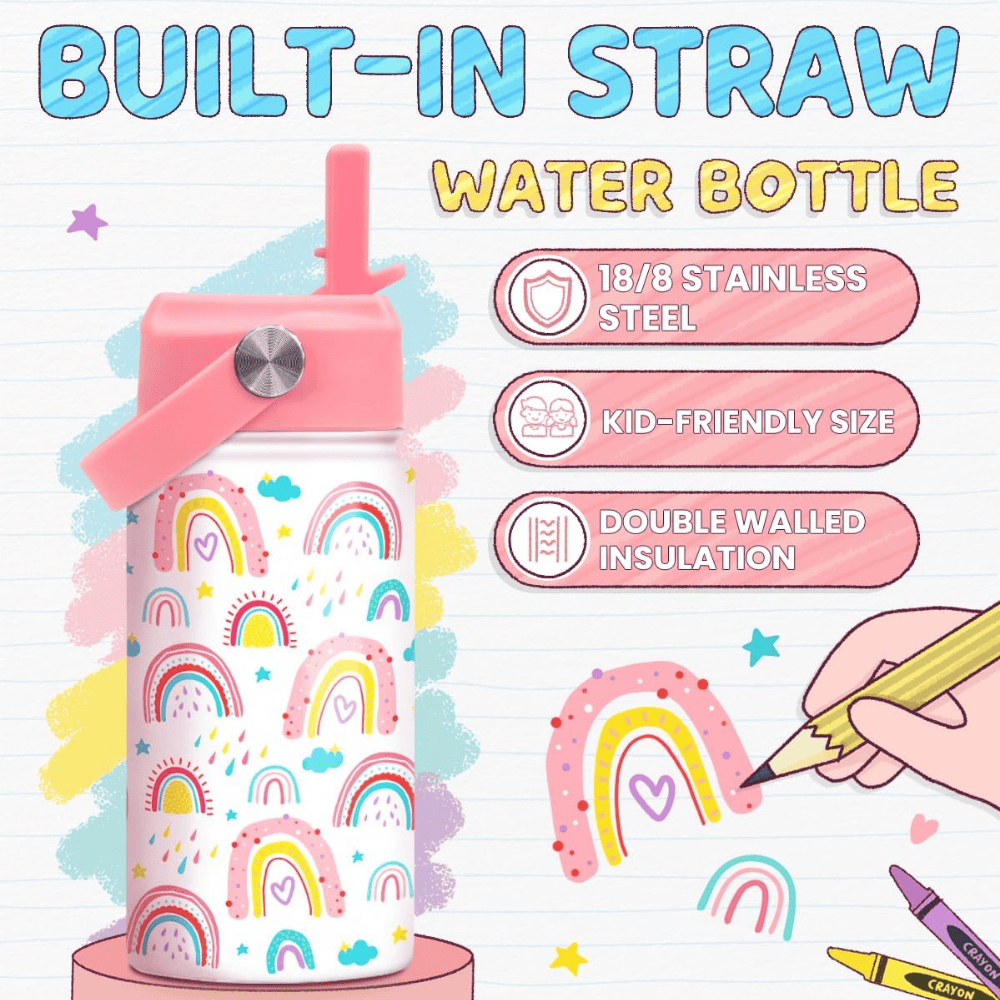 Rainbow 12oz Kids Water Bottle with Straw Lid | Insulated Stainless Steel School Cup for Girls