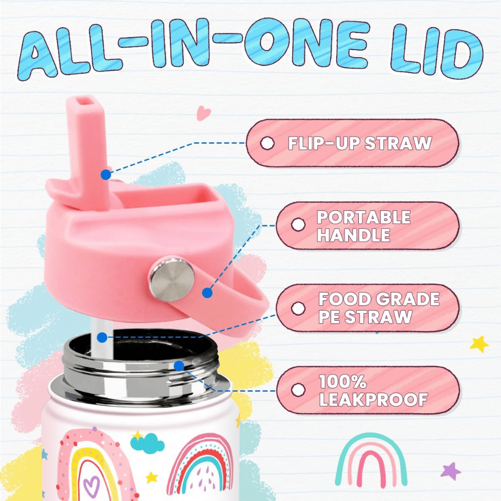 Rainbow 12oz Kids Water Bottle with Straw Lid | Insulated Stainless Steel School Cup for Girls