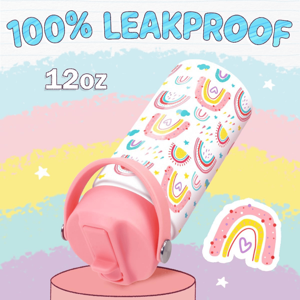 Rainbow 12oz Kids Water Bottle with Straw Lid | Insulated Stainless Steel School Cup for Girls