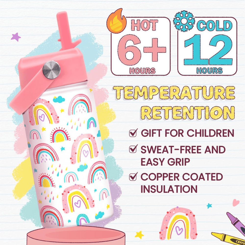 Rainbow 12oz Kids Water Bottle with Straw Lid | Insulated Stainless Steel School Cup for Girls