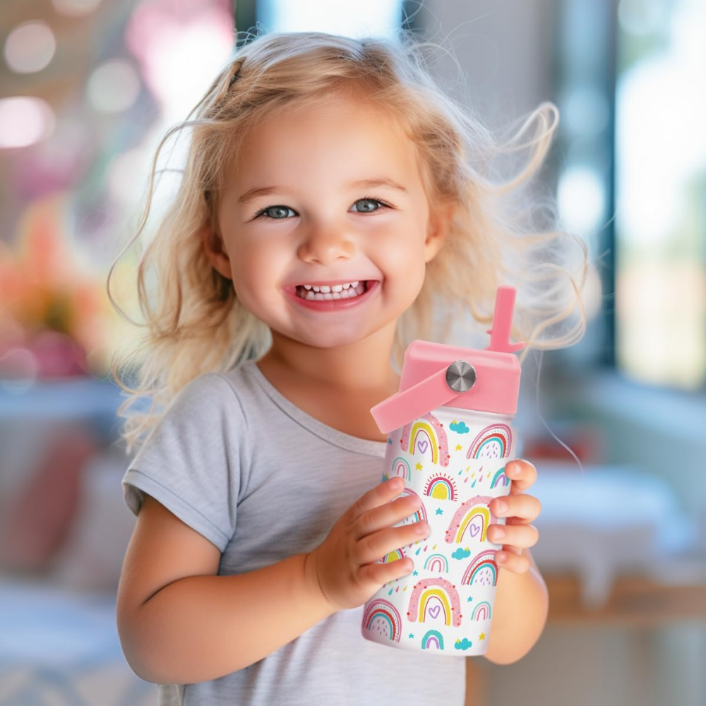 Rainbow 12oz Kids Water Bottle with Straw Lid | Insulated Stainless Steel School Cup for Girls