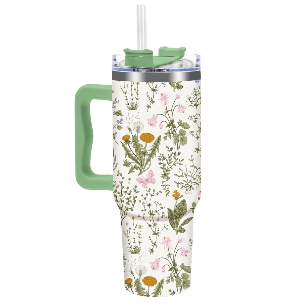 Vintage Wildflower 40oz Tumbler with Handle | Retro Green Floral Travel Cup