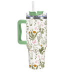 Vintage Wildflower 40oz Tumbler with Handle | Retro Green Floral Travel Cup