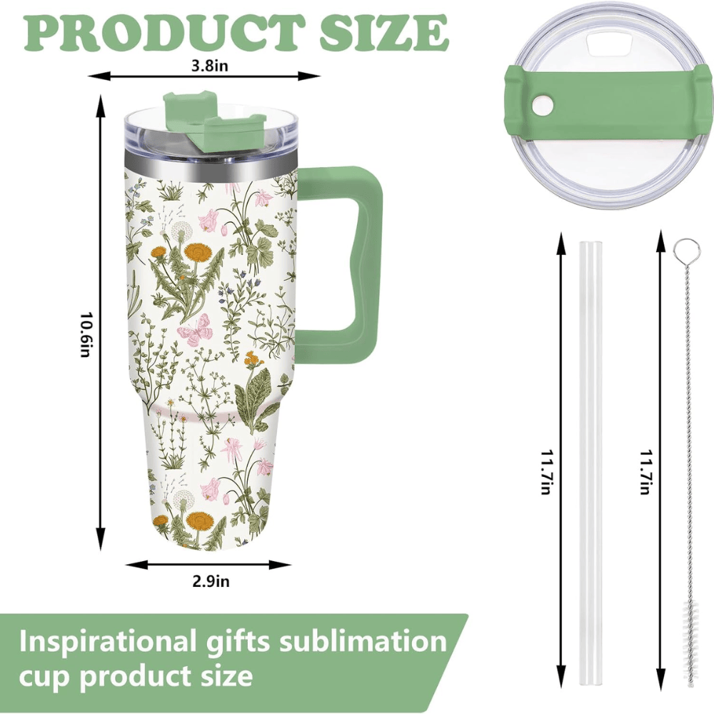 Vintage Wildflower 40oz Tumbler with Handle | Retro Green Floral Travel Cup