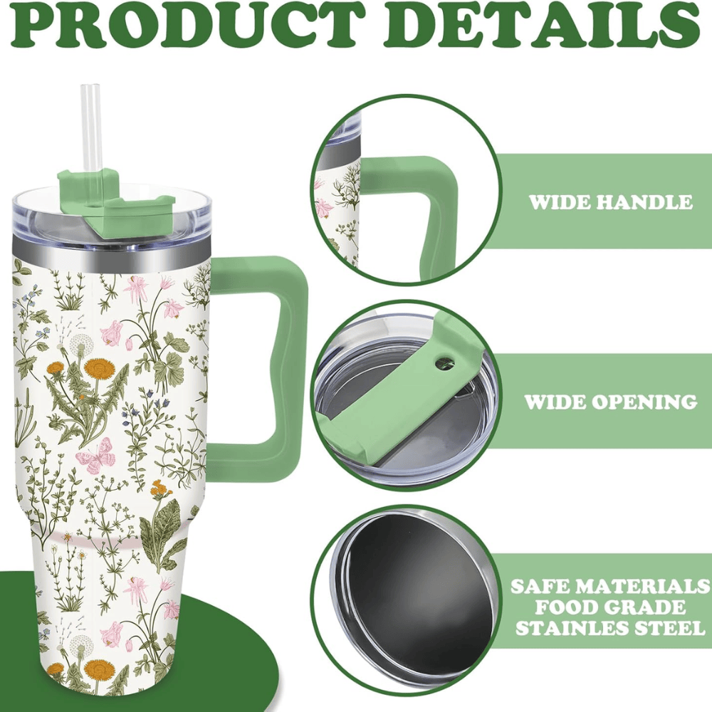 Vintage Wildflower 40oz Tumbler with Handle | Retro Green Floral Travel Cup