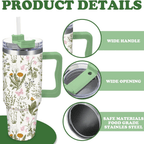 Vintage Wildflower 40oz Tumbler with Handle | Retro Green Floral Travel Cup