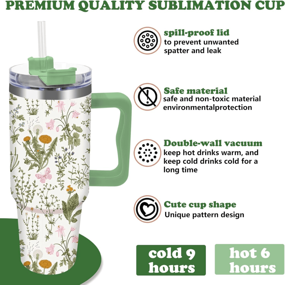 Vintage Wildflower 40oz Tumbler with Handle | Retro Green Floral Travel Cup