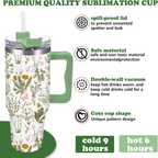 Vintage Wildflower 40oz Tumbler with Handle | Retro Green Floral Travel Cup