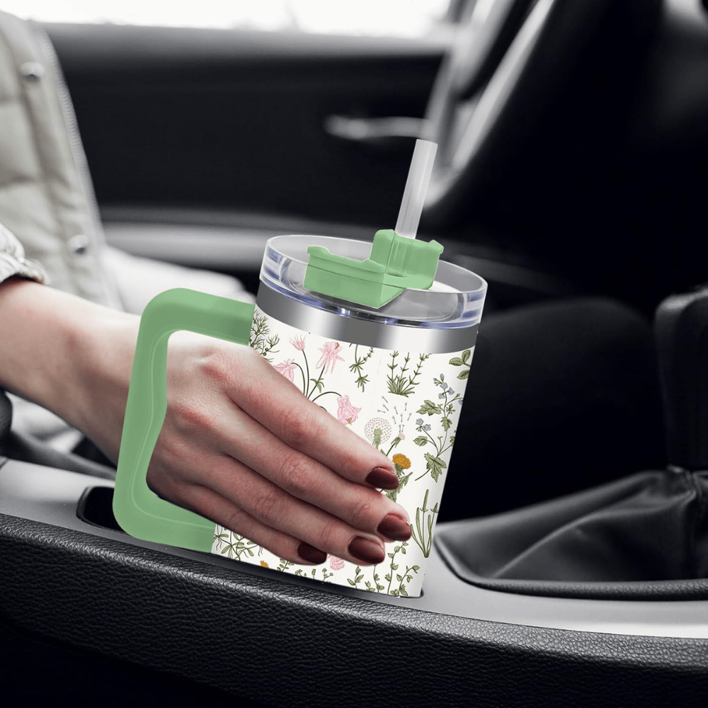 Vintage Wildflower 40oz Tumbler with Handle | Retro Green Floral Travel Cup