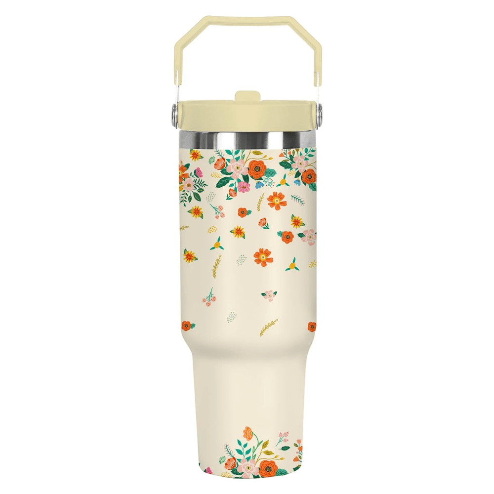30oz Classic Floral Tumbler with Handle | Insulated Travel Cup with Straw
