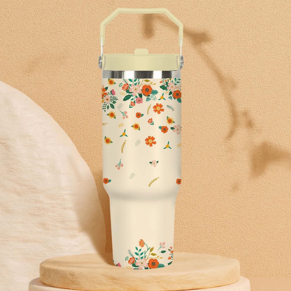 30oz Classic Floral Tumbler with Handle | Insulated Travel Cup with Straw