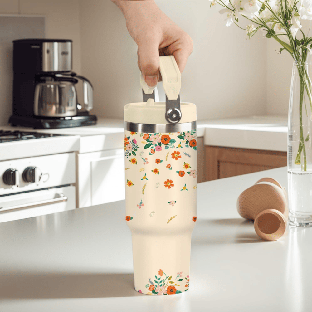 30oz Classic Floral Tumbler with Handle | Insulated Travel Cup with Straw