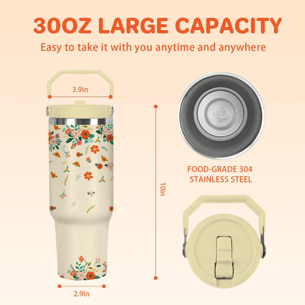 30oz Classic Floral Tumbler with Handle | Insulated Travel Cup with Straw
