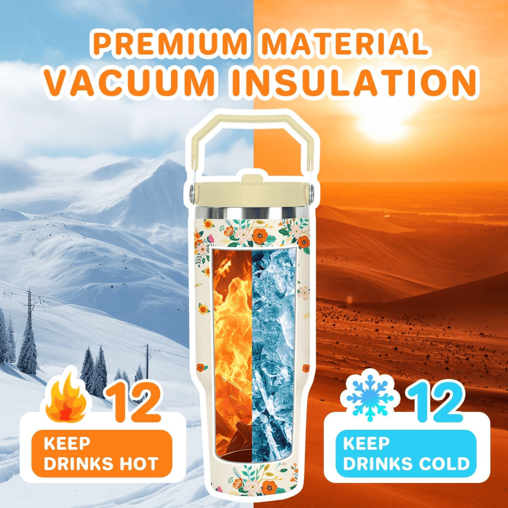 30oz Classic Floral Tumbler with Handle | Insulated Travel Cup with Straw