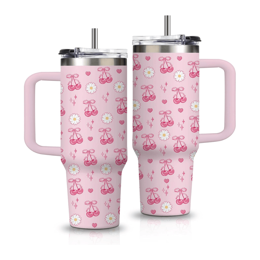 30oz Pink Bow & Cherry Tumbler with Handle | Coquette Insulated Travel Cup