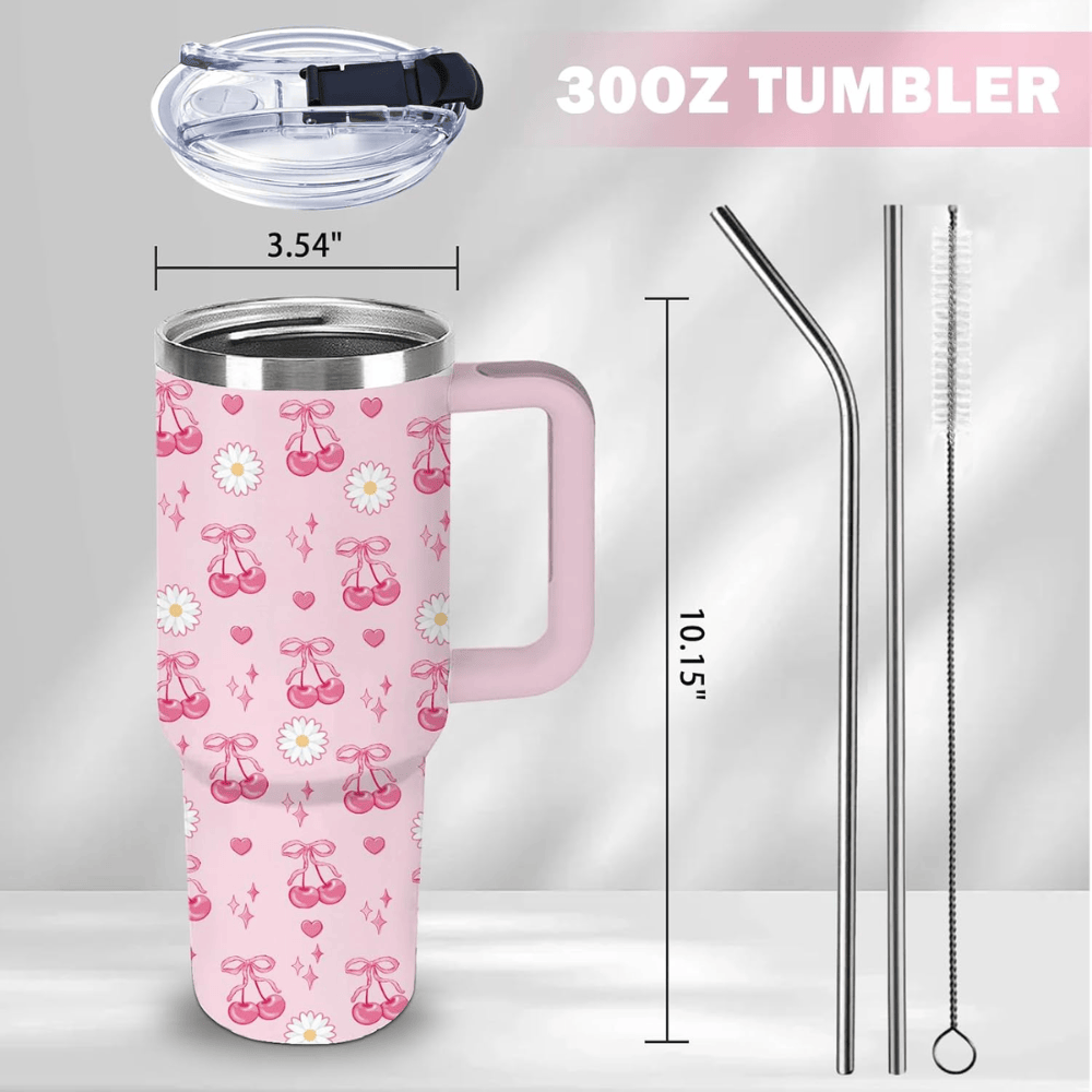 30oz Pink Bow & Cherry Tumbler with Handle | Coquette Insulated Travel Cup