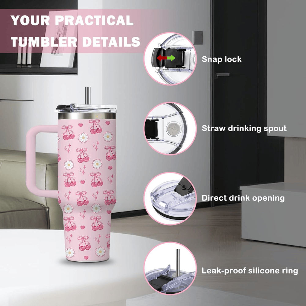 30oz Pink Bow & Cherry Tumbler with Handle | Coquette Insulated Travel Cup