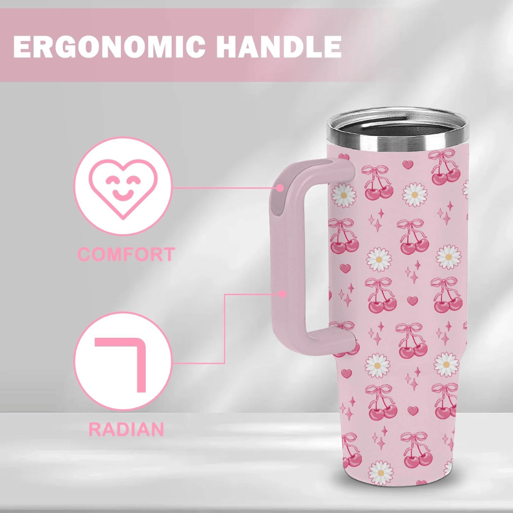 30oz Pink Bow & Cherry Tumbler with Handle | Coquette Insulated Travel Cup