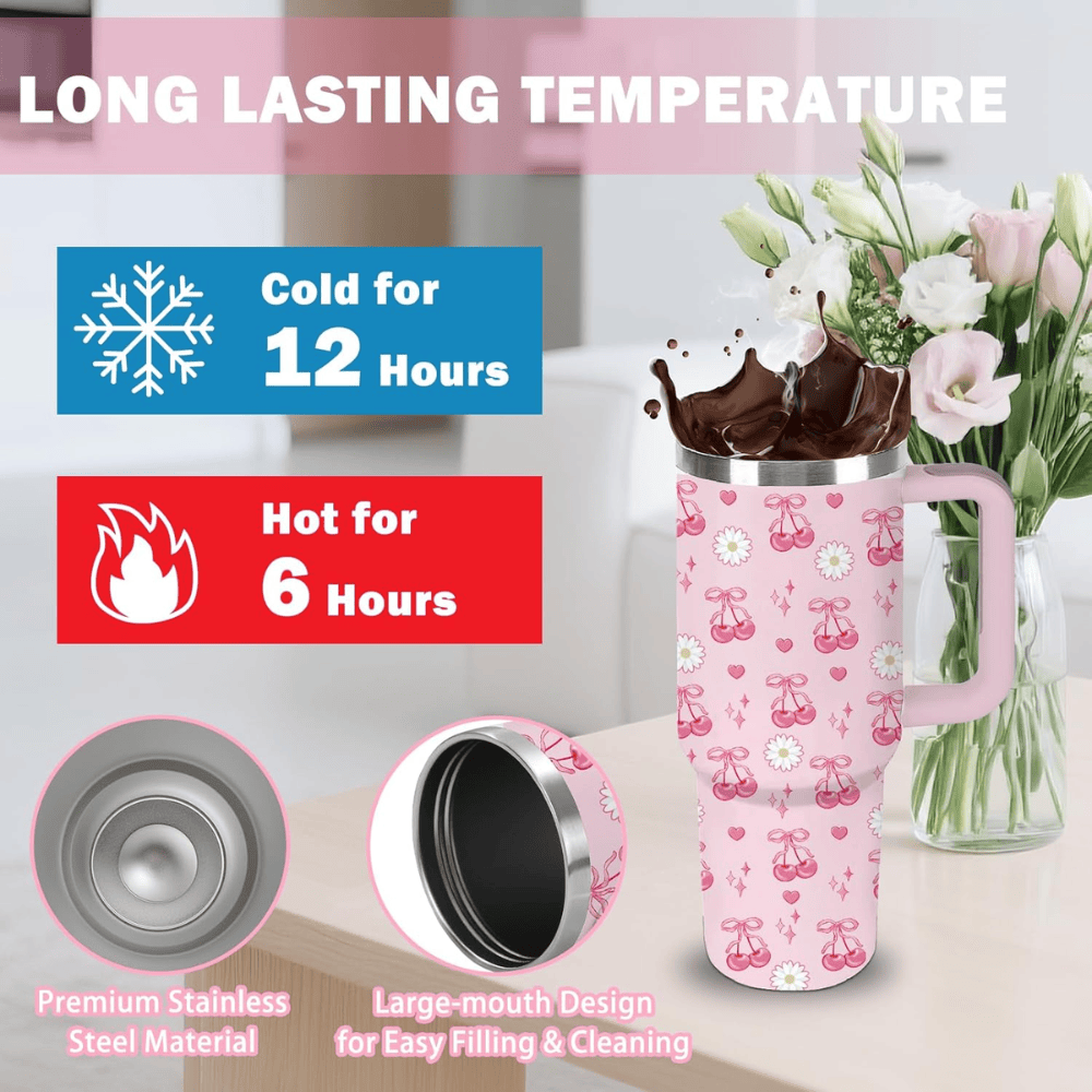 30oz Pink Bow & Cherry Tumbler with Handle | Coquette Insulated Travel Cup