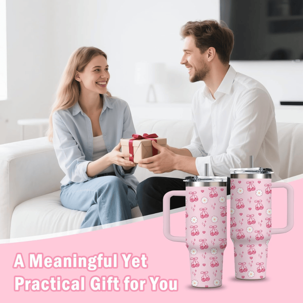 30oz Pink Bow & Cherry Tumbler with Handle | Coquette Insulated Travel Cup