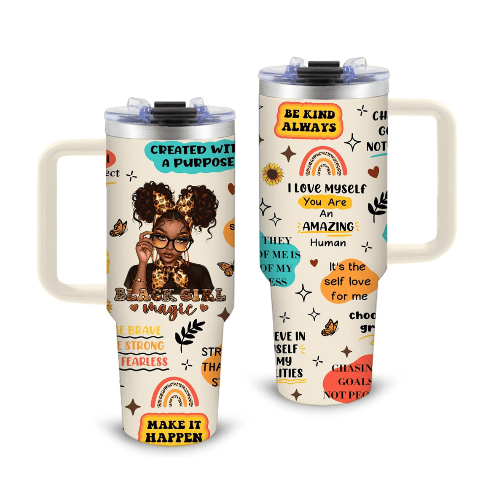 30oz Empowered Black Girl Tumbler with Handle | Inspirational Travel Cup