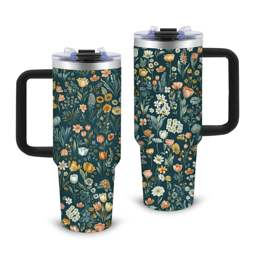 30oz Botanical Wildflower Tumbler with Handle | Leak-Proof Floral Travel Mug