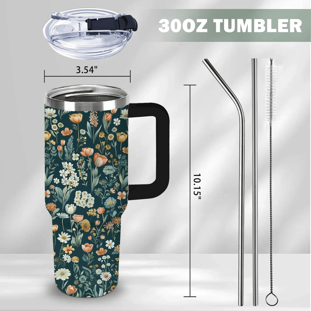 30oz Botanical Wildflower Tumbler with Handle | Leak-Proof Floral Travel Mug