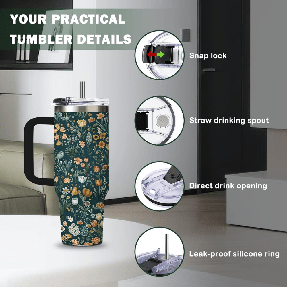 30oz Botanical Wildflower Tumbler with Handle | Leak-Proof Floral Travel Mug